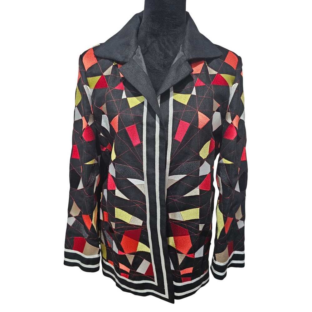 Linda Allard Ellen Tracy Linen Blazer Jacket Womens M Multicolor Artsy Abstract - Picture 1 of 14